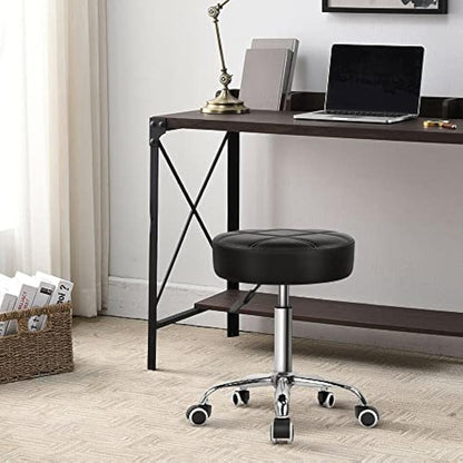 KKTONER Round Rolling Stool Chair PU Leather Height Adjustable Shop Stool Swivel Drafting Work SPA Salon Stools with Wheels Office Chair (Black)