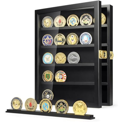 Military Challenge Coin Display Case, Coin Display Holder Wall Mount with Removable Shelves, Shadow Box for Medals Pin Badges Buttons