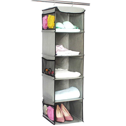 BrilliantJo Hanging Storage with 5 Shelves Wardrobe Closet Organiser, Storage Shelves Unit with 6 Pockets for Clothes - Grey30 x 30 x 108cm