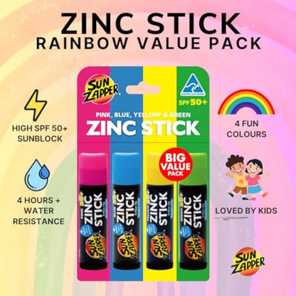 Sun Zapper Zinc Stick - Pink, Blue, Green, Yellow Face Sunblock Rainbow 4-Pack SPF50+ Coloured Zinc Sunscreen Sticks Made in Australia
