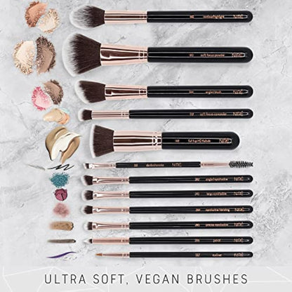 Niré Beauty Professional Makeup Brushes - 15-piece Award Winning Vegan Makeup Brush Set with Case, Blending Sponge, Brush Cleaner, Guide, Gift Box