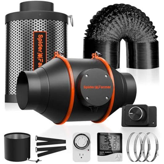 Spider Farmer Air Filtration Kit 4 Inch, Inline Duct Fan with RJ12 Speed Humidity Controller, Carbon Filter Combo, 25 Ft Ducting, Ventilation System Kit for Grow Tents, Hydroponics, Indoor Gardening