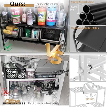 NETEL Expandable Under Sink Storage, 2 Tier Under Sink Storage with 8 Plates,Metal Side Bracket,Kitchen Cupboard Organiser, Extendable Shelf for Cupboard, Kitchen Shelf Organiser,Width 52-82cm