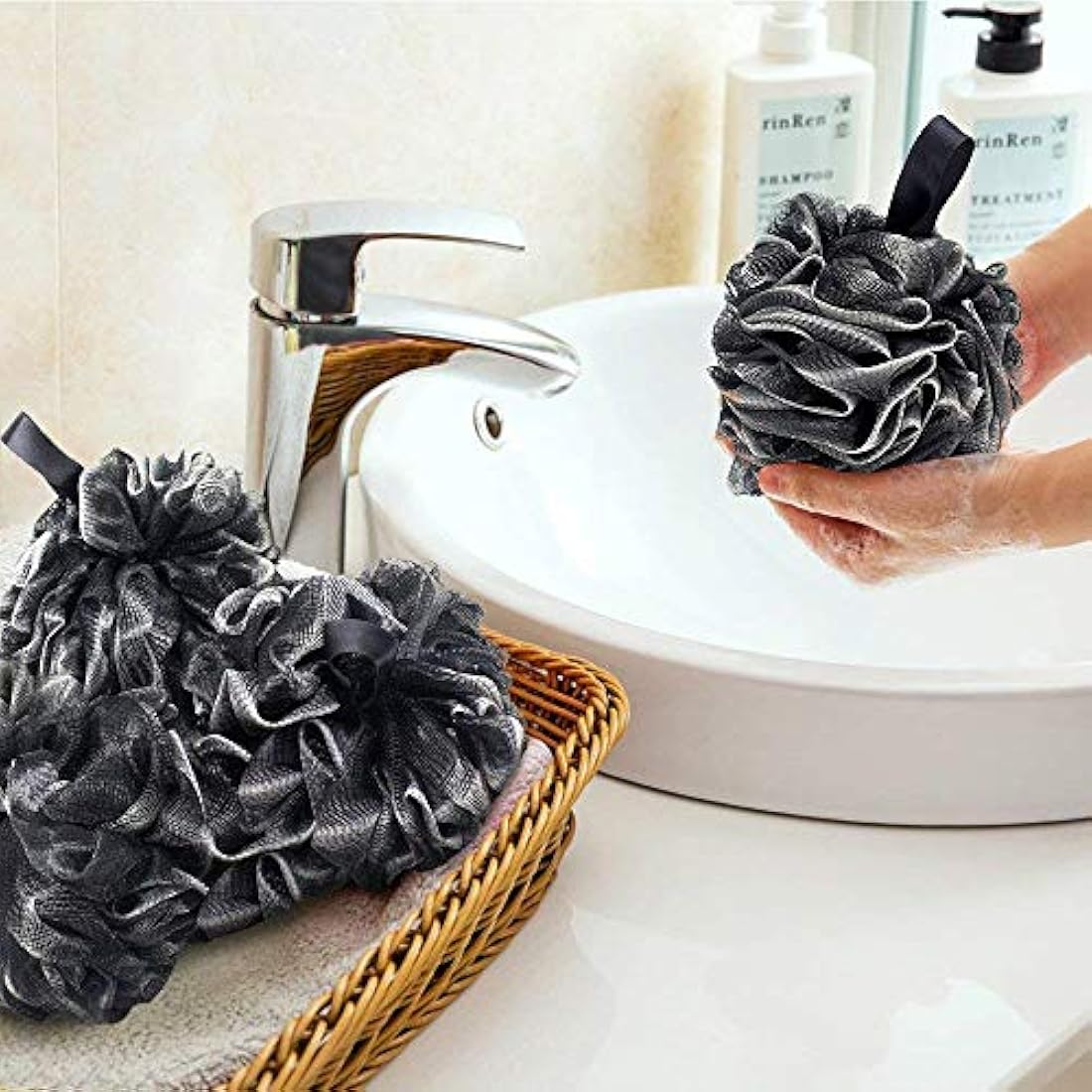 3 Pack Bath Shower Sponge JollyJelly Mesh Bath Loofahs Body Scrubber Brush for Women Men Exfoliate Skin Clean Soothe Skin (60g/PCS)