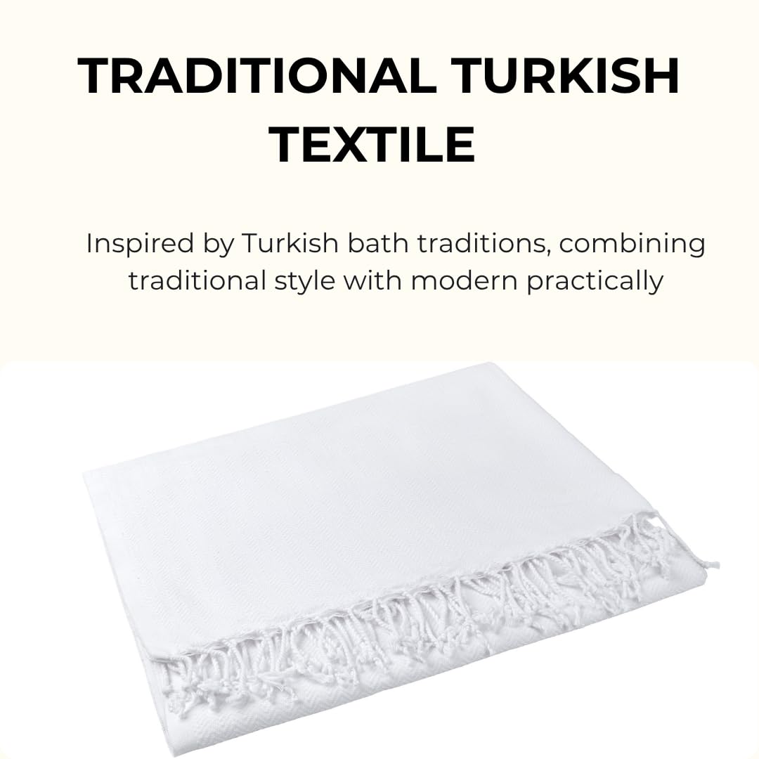 Rosula Studio Turkish Hammam Towel 100% Cotton, White Peshtemal Bath Towel, Large 90 x 200 cm Spa Sauna Towel for Bathroom