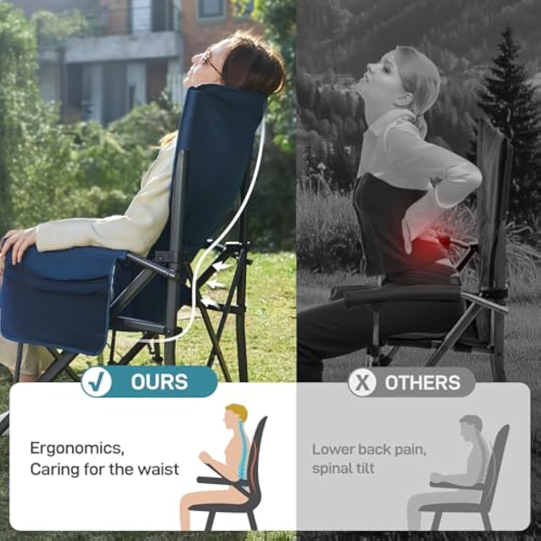 EVER ADVANCED Oversized Folding Camping Chair for Adults with Adjustable Lumbar Support, Heavy Duty Chair with Side Pockets, Portable Collapsible for Outside, Support Up to 230KG,Blue