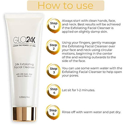 GLO24K Exfoliating Facial Cleanser with 24k Gold, Anti-Aging Microdermabrasion with Vitamins C and E