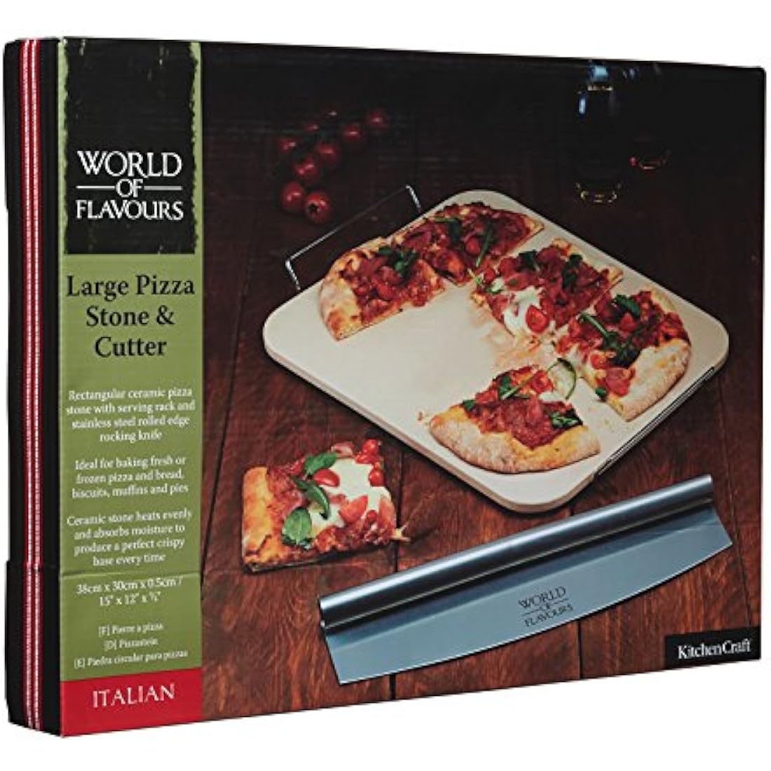 KitchenCraft World of Flavours Rectangular Ceramic Pizza Stone and Rocking Pizza Cutter Set, 2 Pieces