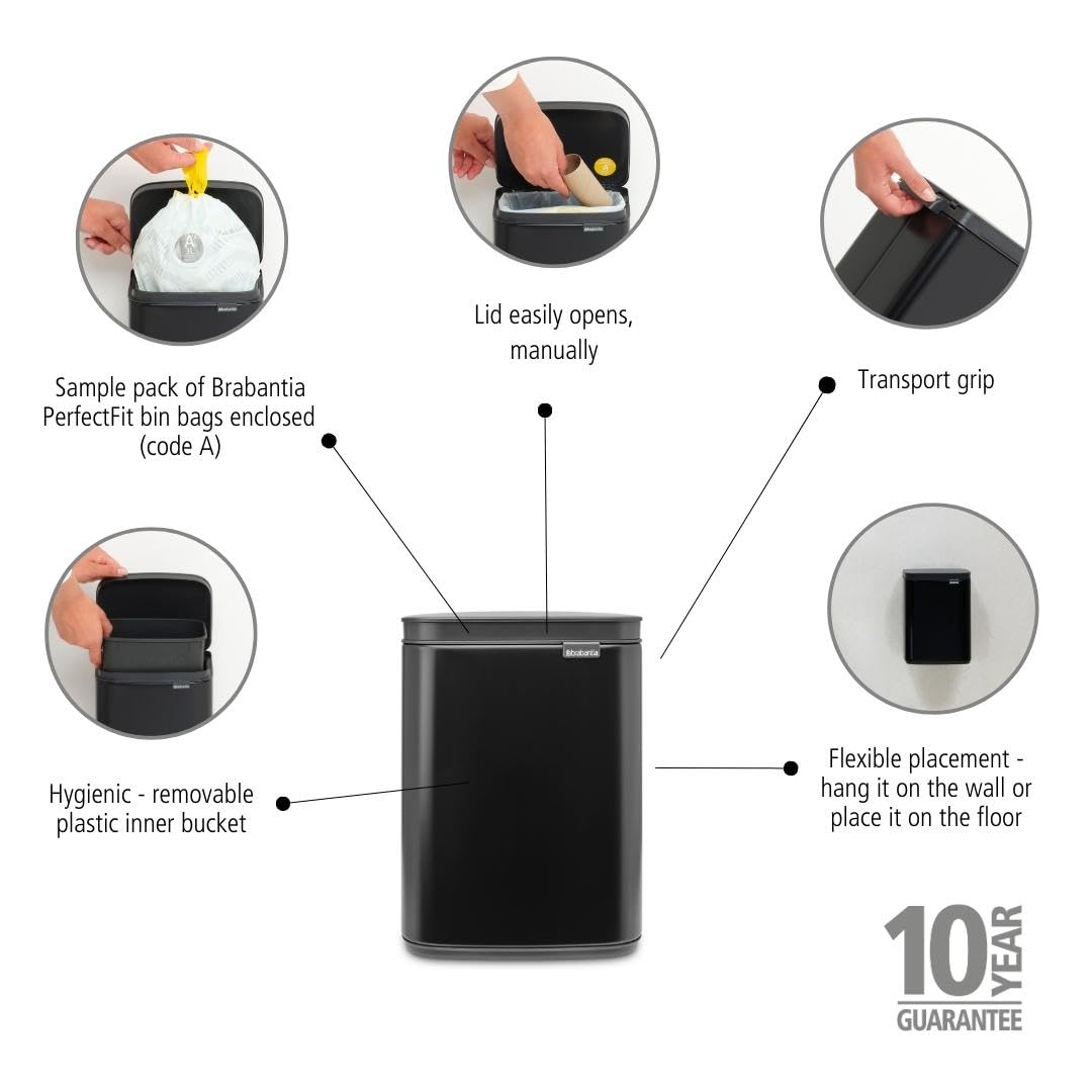 Brabantia - Bo Waste Bin 4L - Small & Stylish Rubbish Bin - Easy Open and Soft Closing Lid - Hygienic & Space Efficient - Wall Mountable