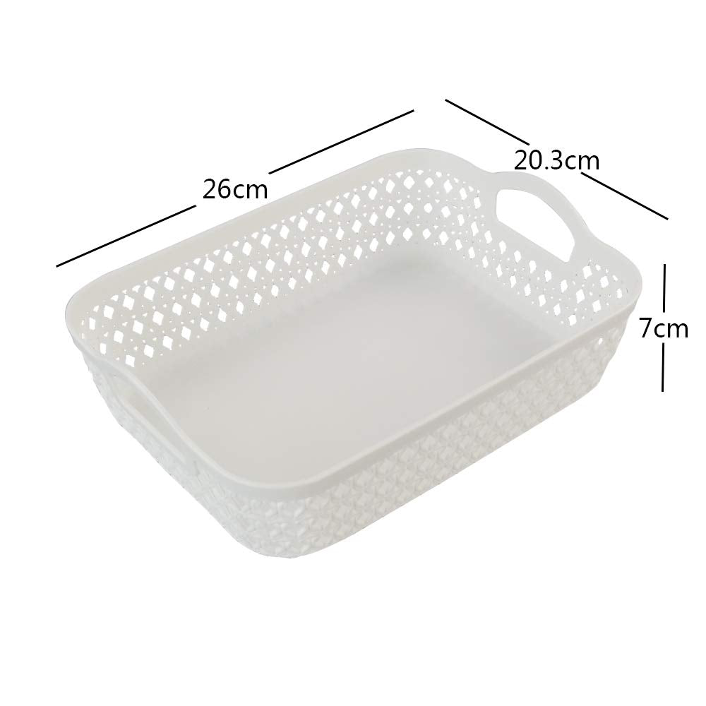 Callyne Set of 6 White Small Plastic Storage Basket Tray with Handle, Plastic Storage Baskets for Shelves