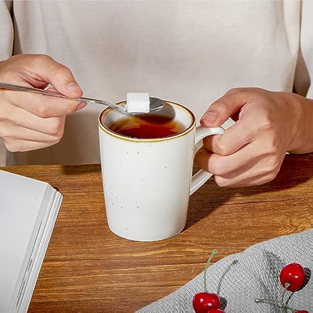 ONEMORE Porcelain Coffee Mugs Set of 6, 360ml Cream Mugs with Handle, Ceramic Coffee Cups Set for Tea, Milk, Juice, Hot Chocolate, Latte, Speckled Design