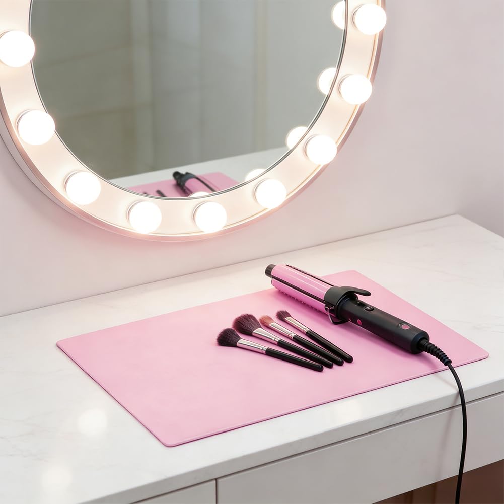 CREATCABIN Silicone Makeup Mat Pink Heat Resistant Mat Waterproof Portable Reusable Curling Iron Pad Vanity Countertop Protector Sheet for Make up