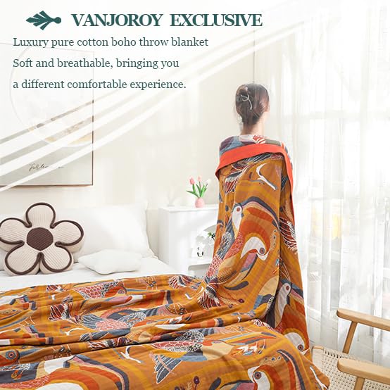 VANJOROY Double-sided Sofa Large Bed Throw Blanket, 100% Organic Cotton Thick Warm Soft Bohemian Throw for 2 3 Seater Armchair Couch and Bed.
