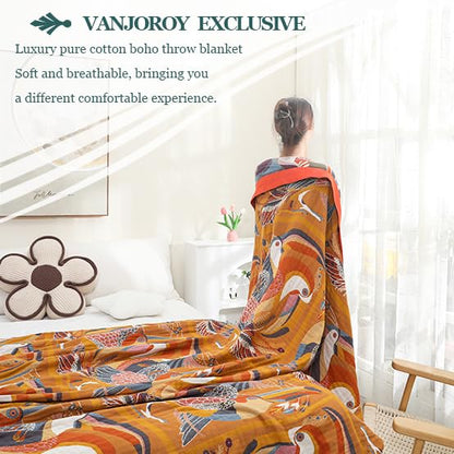 VANJOROY Double-sided Sofa Large Bed Throw Blanket, 100% Organic Cotton Warm Soft Bohemian Throw for 2 3 Seater Armchair Couch and Bed.