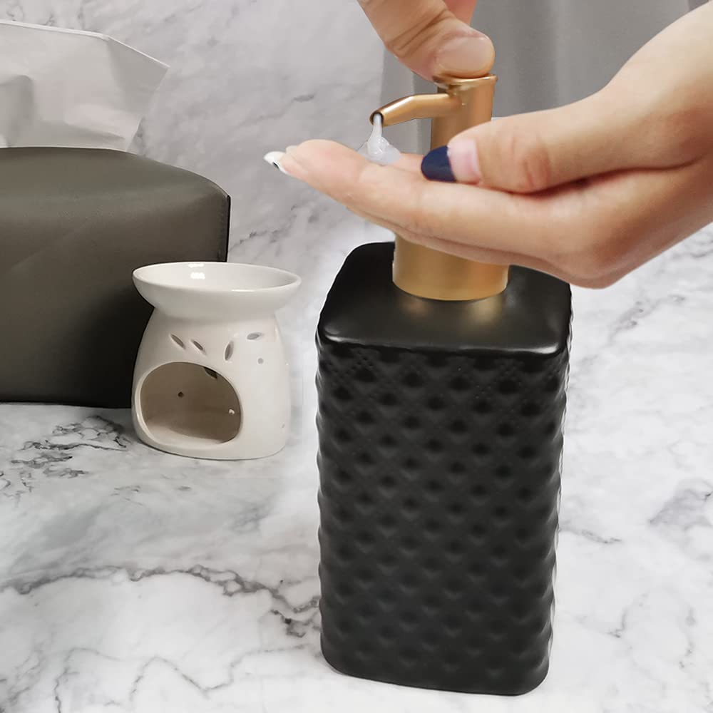 Gold Soap Dispenser, Ceramic Lotion Pump Bottle with Vintage Emboss(Black)