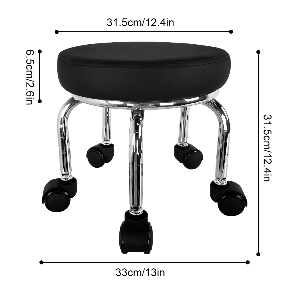 WKWKER Small Rolling Stool PU Leather Roller Seat 360° Swivel Low Round Chair with Universal Caster Wheels for Home Massage Garden Office Garage Shop