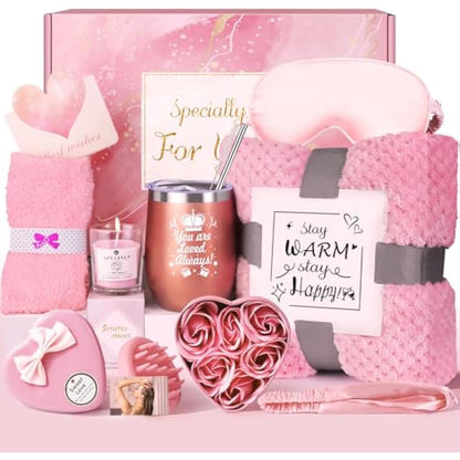 Birthday Gifts for Women, Pamper Gifts for Women, Self Care Gifts Set Birthday Presents Hampers with Flannel Blanket Get Well Soon Gifts Cosy Gifts for ladies, Friends, Mum, Wife, Girls, Sister