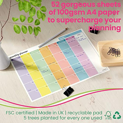 Monthly Planner Pad – A4 Undated Calendar and Scheduler – 52 Journal Sheets with Colour Coded Days and Notes area. For work home and study revision – 100gsm paper (Single Pack)