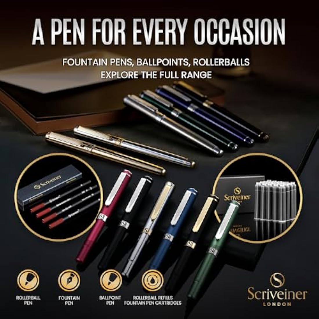 Scriveiner Blue Lacquer Fountain Pen Stunning Pen with Chrome Finish, Schmidt Nib (Fine), Best Pen Gift Set for Men & Women, Professional, Executive, Office, Nice Pens