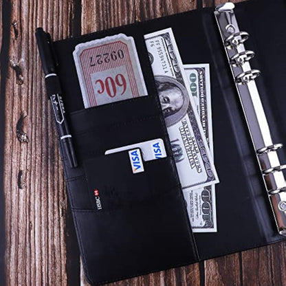 HAUTOCO PU Leather A5 Ring Binder Cover Refillable 6 Ring Budget Binder Notebook Organiser for A5 Refill Paper Insert for Office, School, and Travel, Black