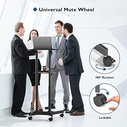 BONTEC Adjustable Mobile Laptop Desk, Rolling Stand-Up Desk with Wheels, 60x40 cm Height Adjustable, Portable Podium, Ergonomic Tilted Top Platform, Mobile Workstation for Home Office