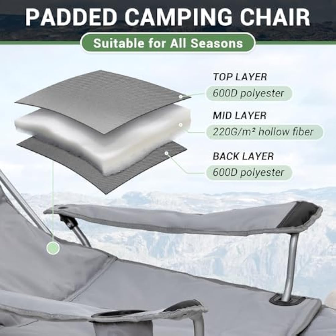 #WEJOY Camping Chairs Folding Recliner Chair Adjustable with Detachable Footrest Headrest Cup Holder Lightweight Portable Padded Reclining Camp Chair Fold Up Chair for Beach Garden,Grey Set of 2