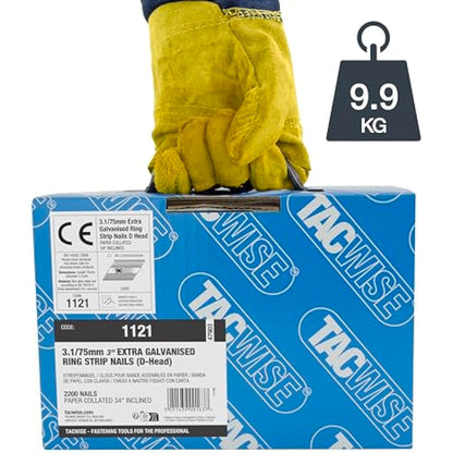 Tacwise 1121 3.1 / 75 mm Extra Galvanised Framing Nails, D Head, Ring Shank, 34° Inclined, Paper Collated, Pack of 2,200, Silver