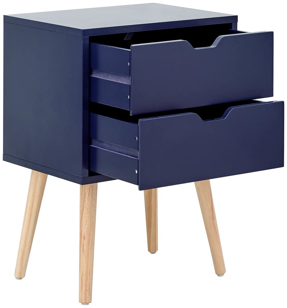 GFW Nyborg Set of 2 Bedside Cabinets, Nightshadow Blue 2 Drawer Scandi Nightstands with Wooden Legs and Cut-Out Handles