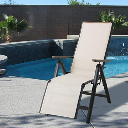 Grand patio Foldable Sun Lounger, Reclining Garden Chair, Aluminium Camping Chairs, Adjustable 6 Position High Backrest, Deck Chair for Garten, Outdoor, Poolside Beige
