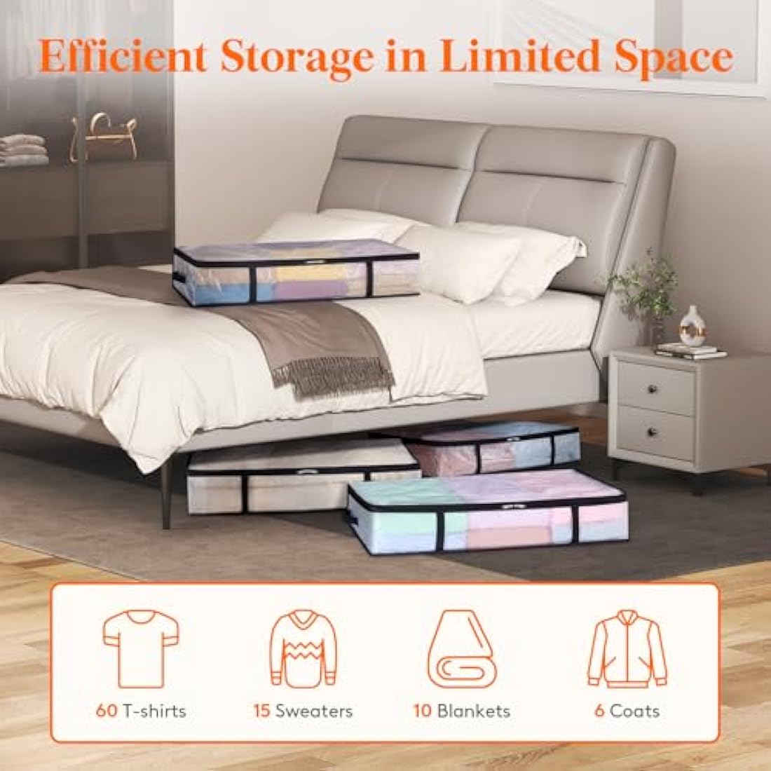 Lifewit 2 Pack Under Bed Storage, 60L Large Clear Plastic Storage Bags, Clothes Storage Boxes Wardrobe Storage Organizer with Reinforced Handle Sturdy PP Fabric for Bedding Clothes Blanket
