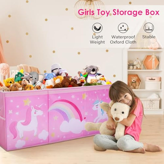 Decalsweet Unicorn Extra Large Kids Toy Storage Box with Lid,Foldable Oxford Toy Storage Organizer Box with Mesh Pockets for Girls-96×32×40cm-Toy Chest with Handles for Bedroom Nursery