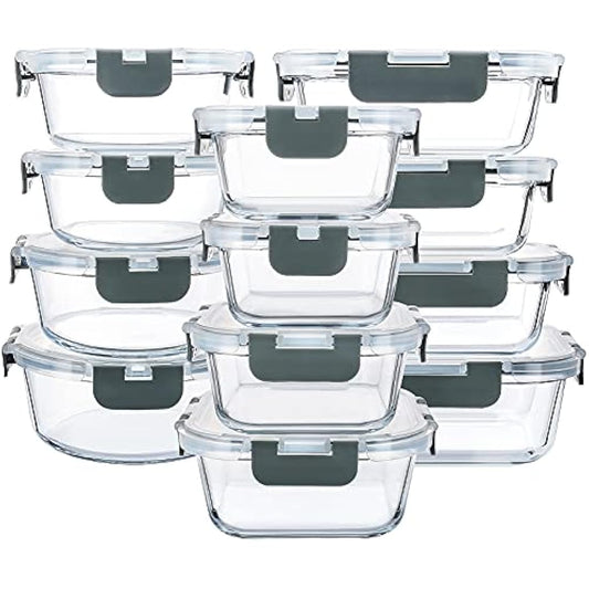 MCIRCO 24-Piece Glass Food Storage Containers with Snap Locking Lids, Glass Meal Prep Containers Set, Airtight Lunch Containers, Microwave, Oven,Freezer and Dishwasher Friendly