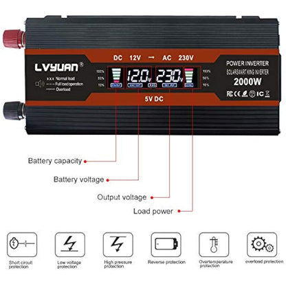 Cantonape 1000W Power Inverter DC 12V to 230V 240V AC Car Converter 12V Inverter with 12v Cigarette Lighter, 2 USB, universal Sockets Car Adapter and LCD Display, (peak 2000W<10ms)