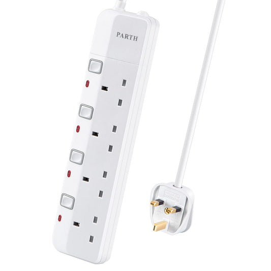 PARTH 4 Way Protected Extension Lead with Individual Switches 2m Long Cable Safety Wall Mounted Extension Cord for UK Plugs 3250w 13Amp Multi Sockets