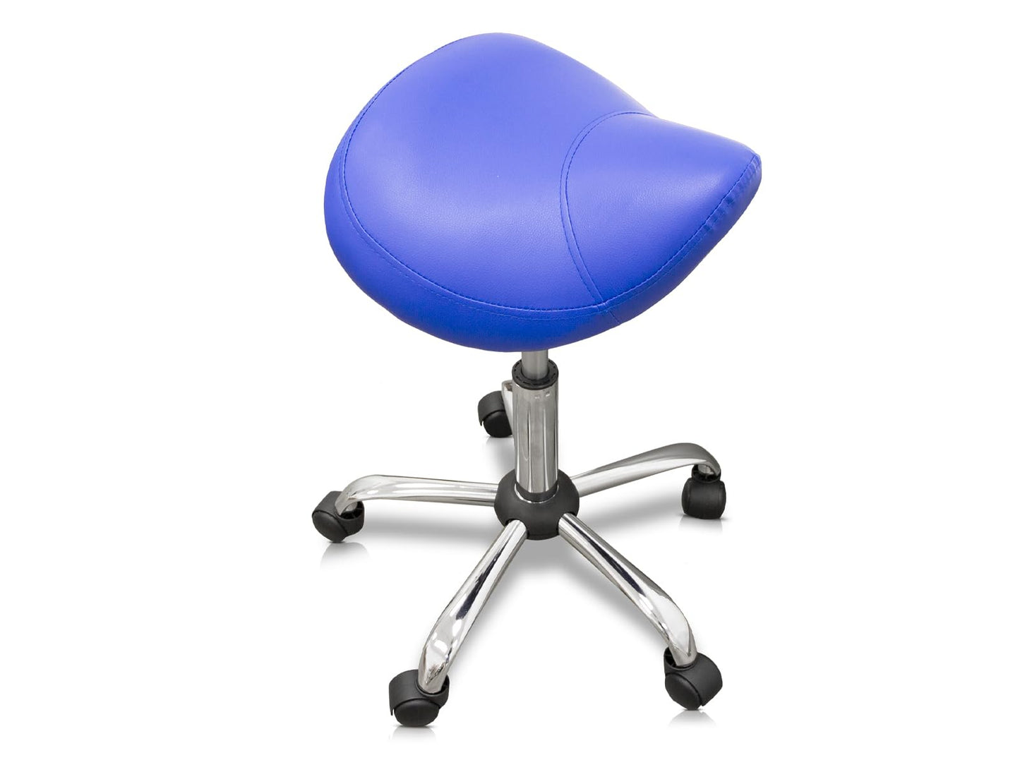 QUIRUMED Ergonomic Pony Stool with Steel Base, Purple, Upholstered in Leatherette, Adjustable Height, Padded Seat, Swivel Wheels, Up to 150 kg