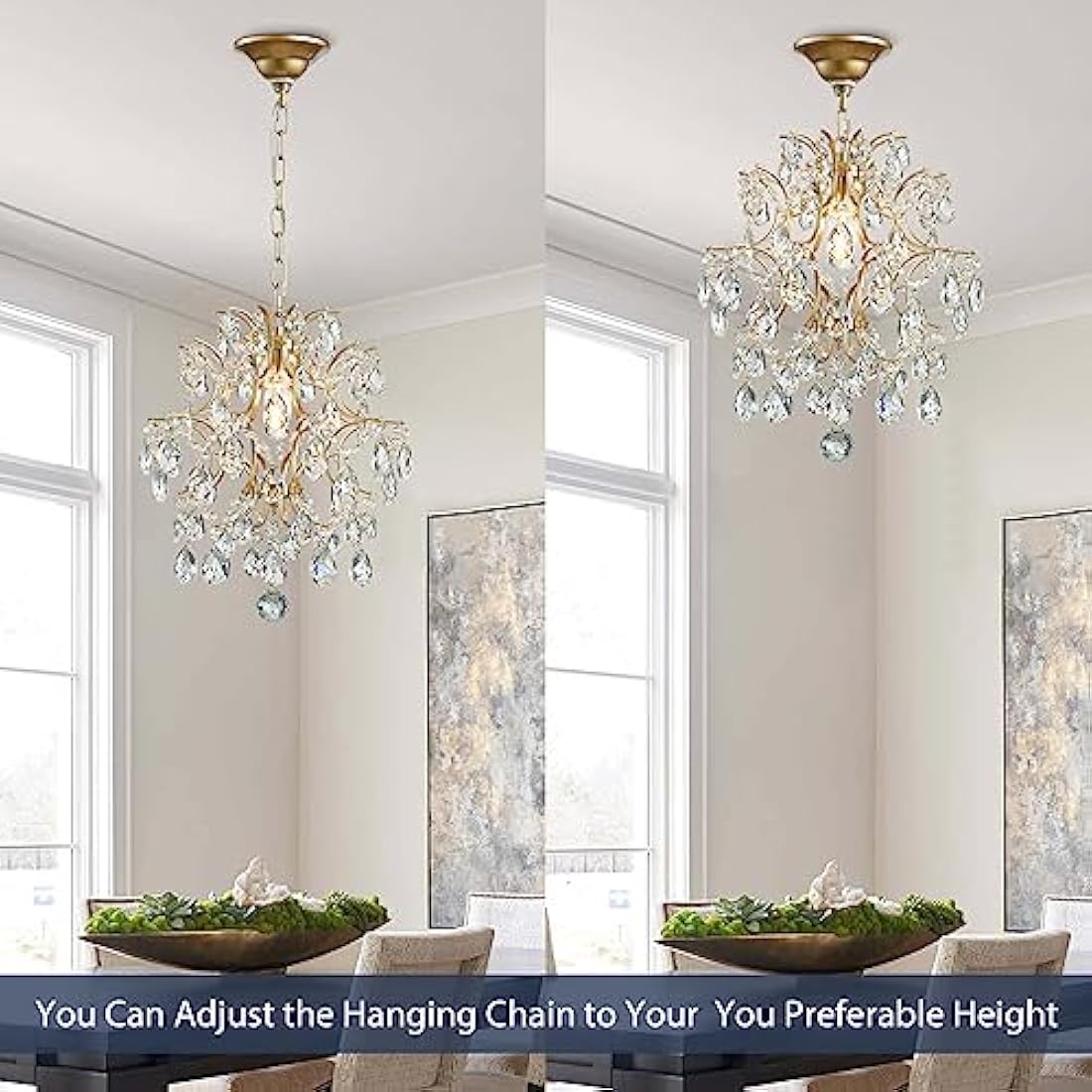 BESTIER Gold Modern Pendant Chandelier Crystal Raindrop Lighting Ceiling Light Fixture Lamp for Dining Room Bathroom Bedroom Livingroom 1 E27 Bulbs Required D32cm x H40cm