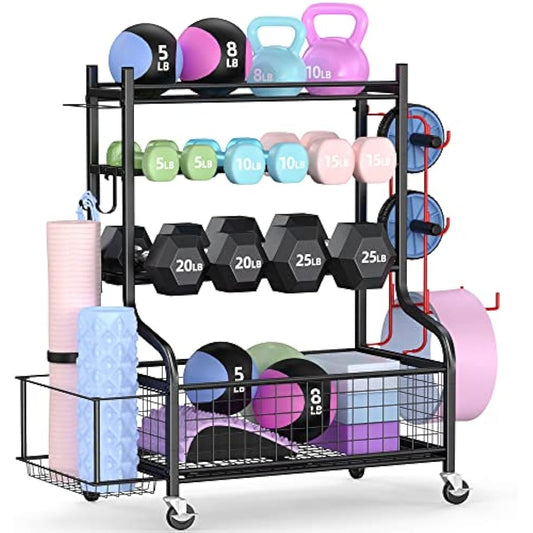 Mythinglogic Dumbbell Rack Stand, Multifunctional Weight Rack for Dumbbells, Yoga Mat, Fascia Roller, Kettlebell and Yoga Block, Powder-Coated Steel Dumbbell Stand with Wheels and Hooks