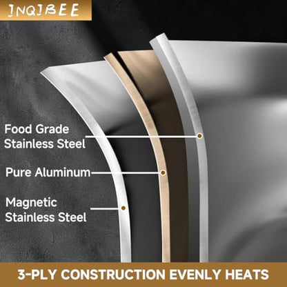 Inqibee 28 CM Tri-Ply Stainless Steel Sauté Pan with Lid,Induction Deep Frying Pan,Detachable Ergonomic Handle and Oven Safe