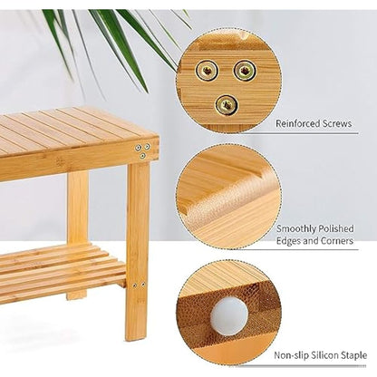 VaeFae Bamboo Bathroom Stools with Non-Slip Feets Storage Shelf for Shampoo Towel, Shower Stools Wooden Stool Works in Living Room/Bedroom/Garden Leisure