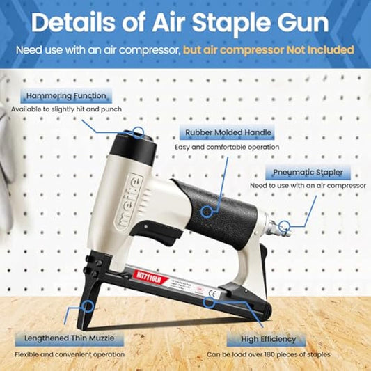 meite MT7116LN Air Staple Gun, Long Nose Pneumatic Upholstery Stapler, 22GA / Type 71 Lightweight Upholstery Air Stapler for DIY, Decoration, Funiture and Woodworking