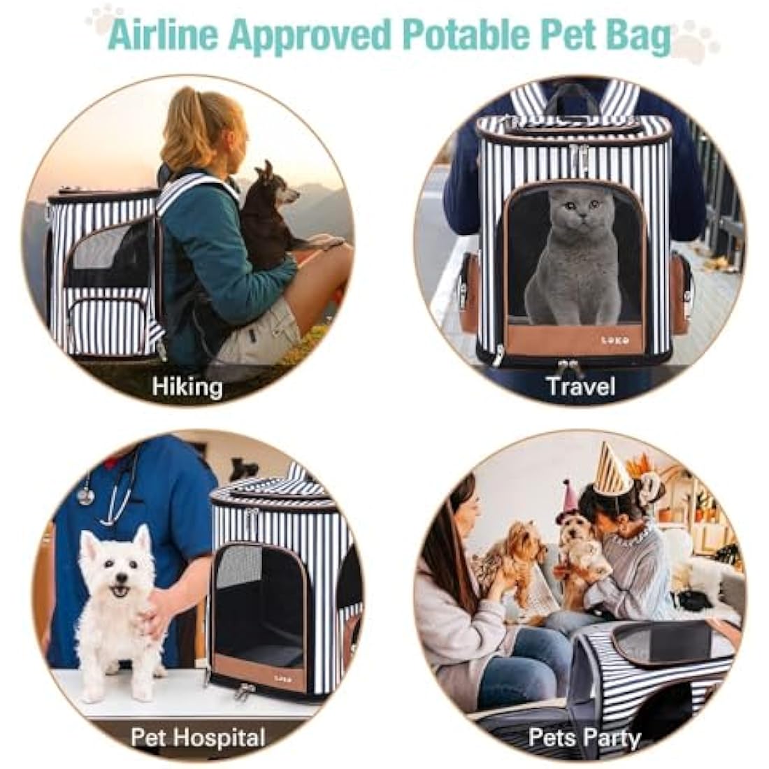 Lekesky Expandable Cat Carrier Backpack - Portable Breathable Rucksack for Medium and Small Cats & Dogs, Foldable with Inner Escape-proof Leash and Pet Mat, Supports 25 lbs (Striped)