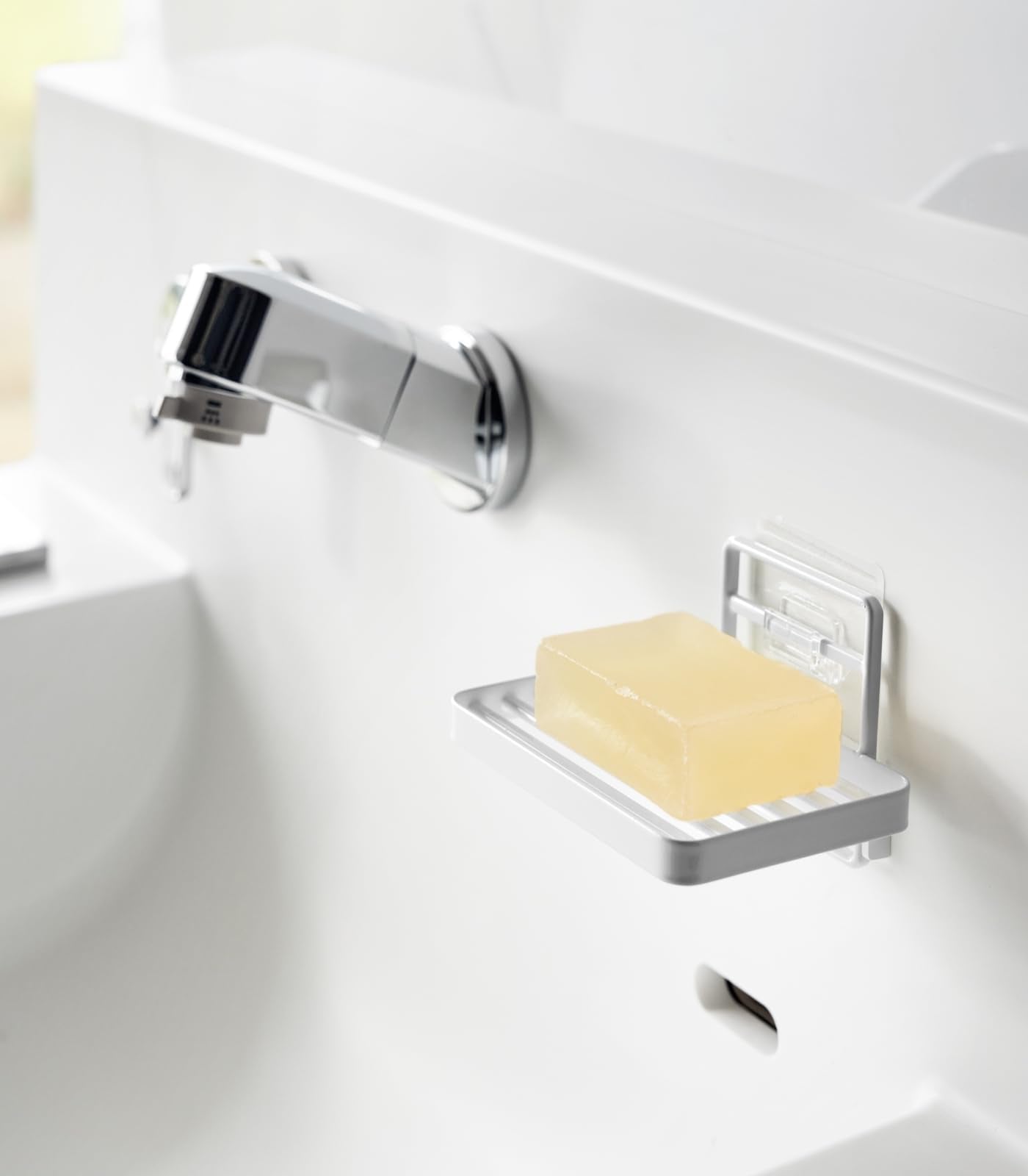 Yamazaki 4540 TOWER Film Hook Soap Tray, white, Polycarbonate/PET/Polyurethane, Minimalist, 12 x 8.5 x 7.8 cm