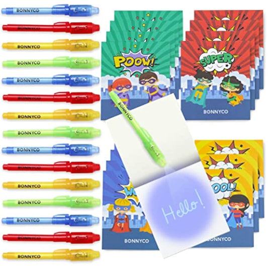 BONNYCO Invisible Ink Pen and Notebook, Pack 16 Superhero Superhero Party Bags Fillers, Pinata Toys | Birthday Decorations | Stocking Fillers for Kids Birthday | School Prizes, Gifts for Children
