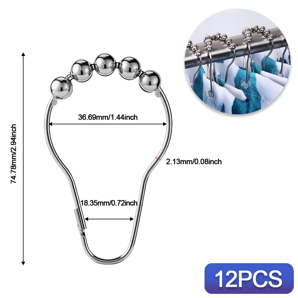 12 Pcs Stainless Steel Shower Curtain Hooks, Shower Curtains Rings, Shower-Rod Rail Rings for Bathroom Curtains Rods, Easy To Open, Close & Install