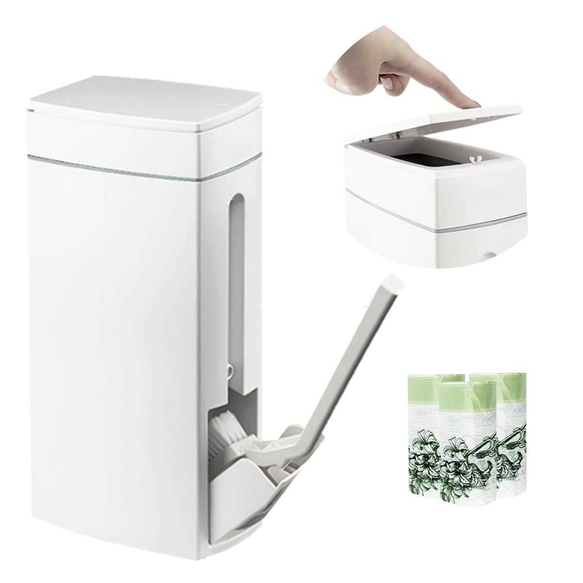 Cococheers Slim Bathroom Bin With Lid,White 4.5 Litre Toilet Bin with Lid Combined with A Toilet Brush,Comes with 60 Garbage Bags,Suitable for