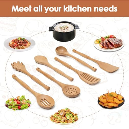 comfoyar Wooden Spoons for Cooking, 7 Pieces Kitchen Cooking Utensils Set with Spatula and Ladle, Heat Resistant Kitchen Cookware for Nonstick Pan-Beech