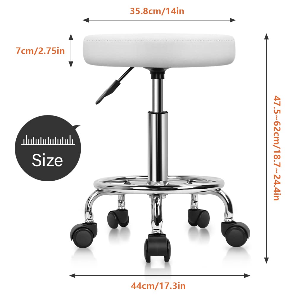 KKTONER PU Leather Round Rolling Stool with Foot Rest Swivel Height Adjustment Spa Drafting Salon Tattoo Work Office Massage Stools Task Chair (White)