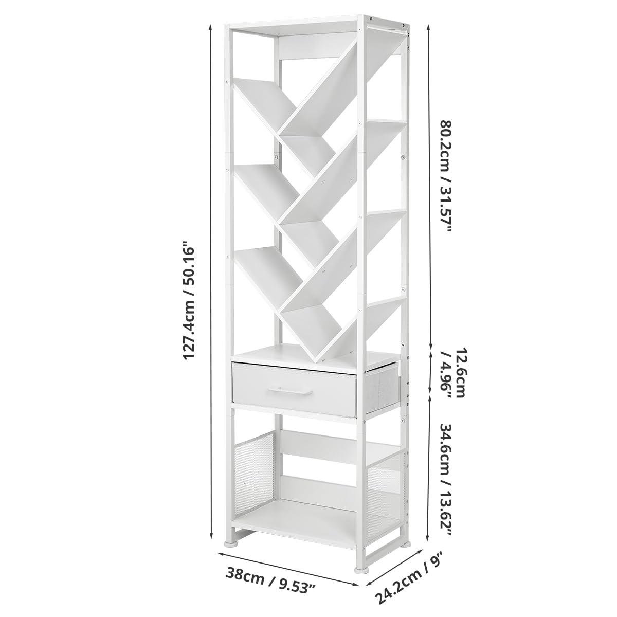 ruboka Tree Bookshelf with Side Table, Tall Bookcase with Storage Cabinet, Floor Standing Modern Narrow Bookshelves Organizer for Bedroom/Living