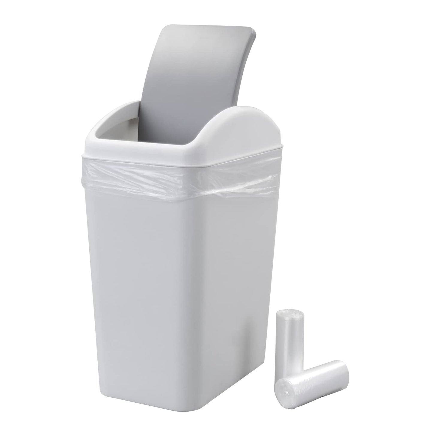 Annkky 15 L Small Bathroom Bins with 2 Rolls Bin Liners, Plastic Swing Dustbin with Lid (Light grey)