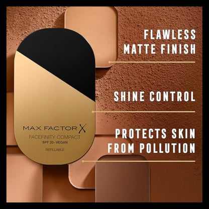 Max Factor Facefinity Refillable Compact Foundation, 001 Porcelain, Full Coverage, Flawless Matte Finish, Lightweight and Breathable, Blends Seamlessly, All Day Wear, SPF 20, Refillable, 10g